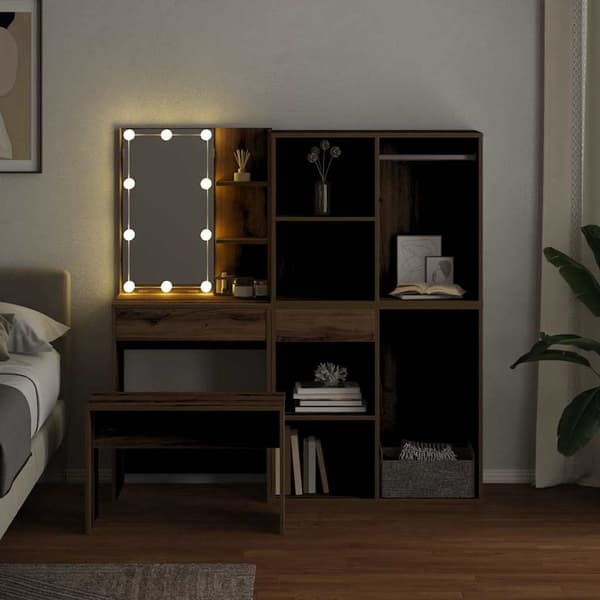 vidaXL Sminkebordsett med LED artisan eik konstruert tre