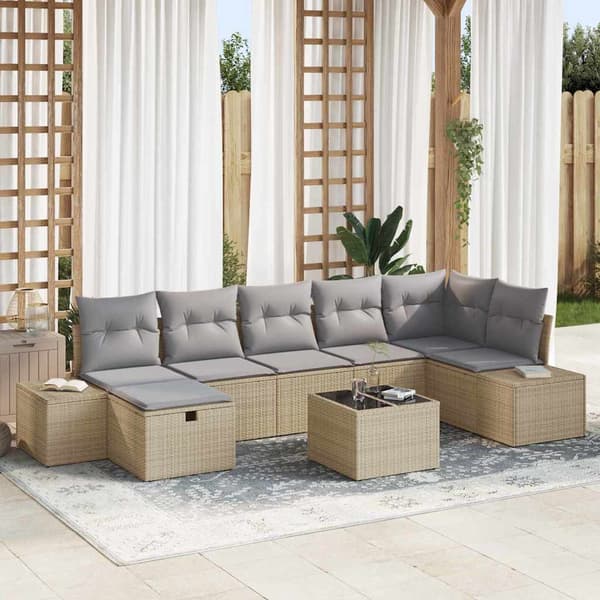 vidaXL Trädgårdsoffset med kudde 8 pcs Beige konstrotting