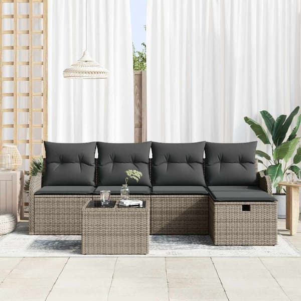 vidaXL Trädgårdsoffset med kudde med lagring 6 pcs Grå Poly rattan