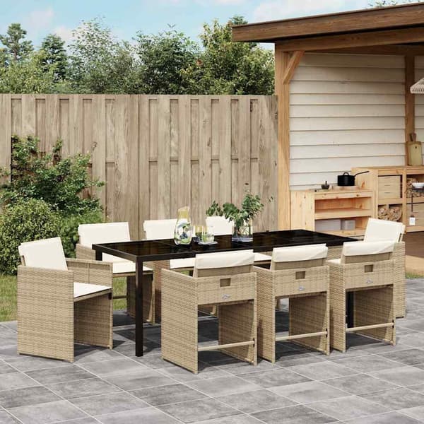 vidaXL Trädgårdsmöbelset med kudde 9 pcs Beige konstrotting