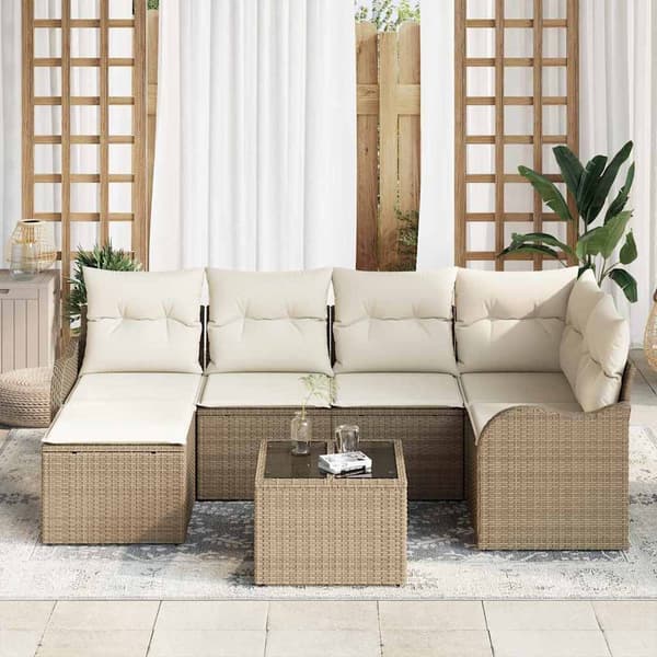vidaXL Trädgårdsoffset med kudde 7 pcs Beige och vit Poly rattan