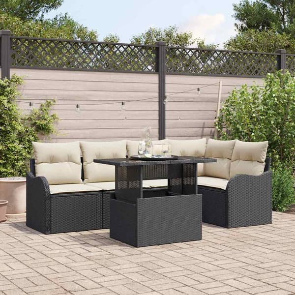 vidaXL Matgrupp med kudde 6 pcs Svart Poly rattan