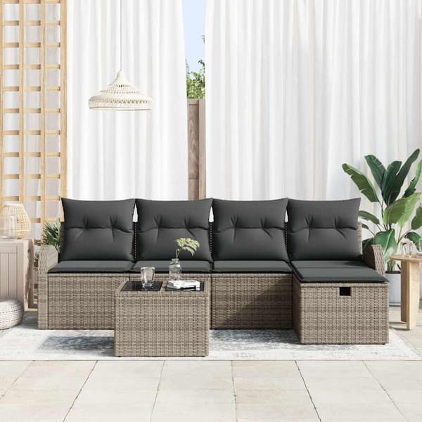 vidaXL Trädgårdsoffset med kudde med lagring 6 pcs Grå Poly rattan