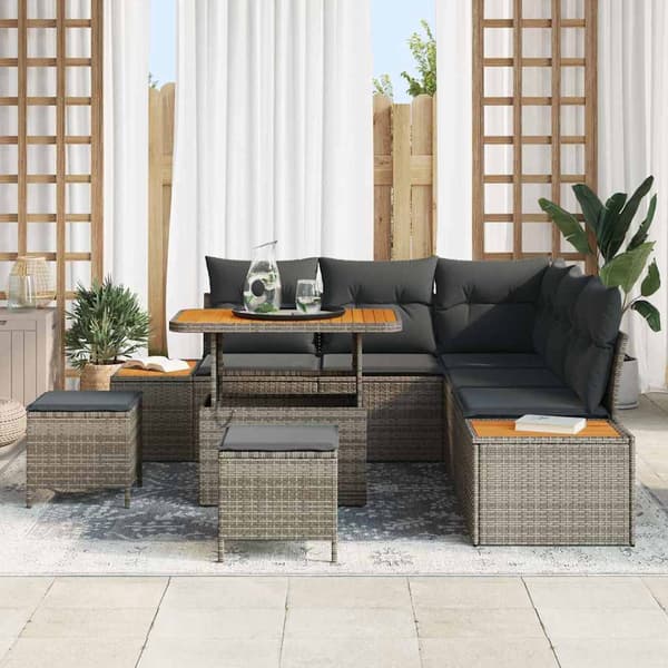 vidaXL Trädgårdsoffset med kudde med lagring 8 pcs Grå Poly rattan