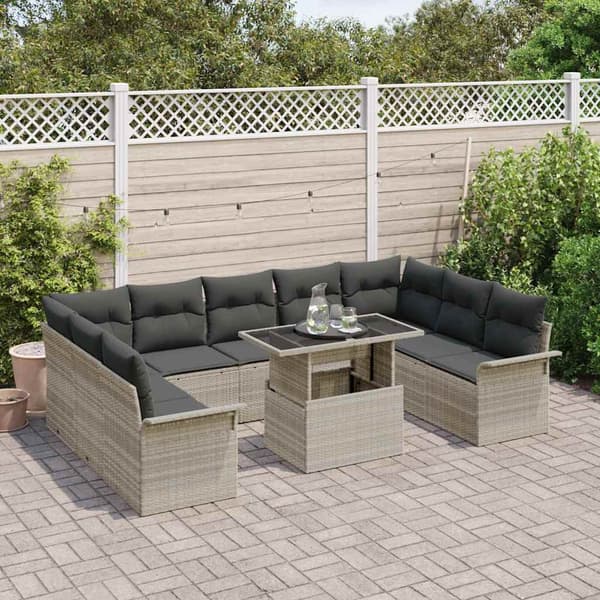 vidaXL Trädgårdsoffset med kudde 10 pcs Ljusgrå Poly rattan