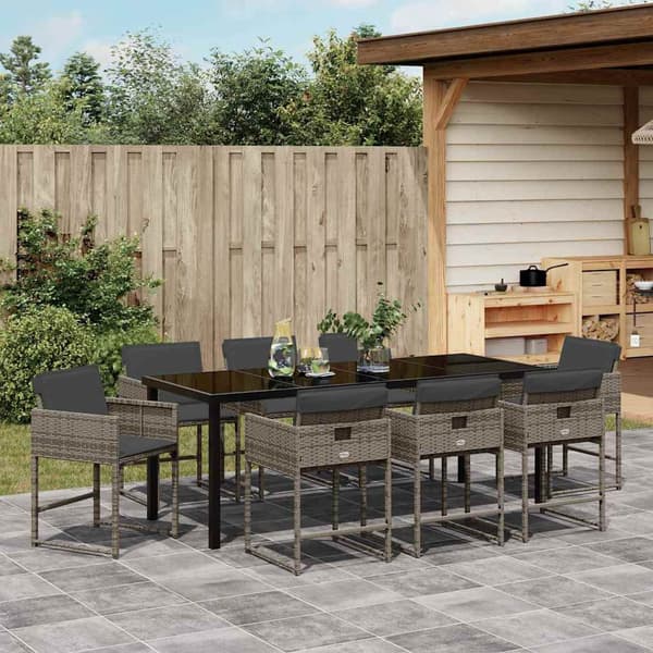 vidaXL Trädgårdsmöbelset med kudde 9 pcs Grå konstrotting