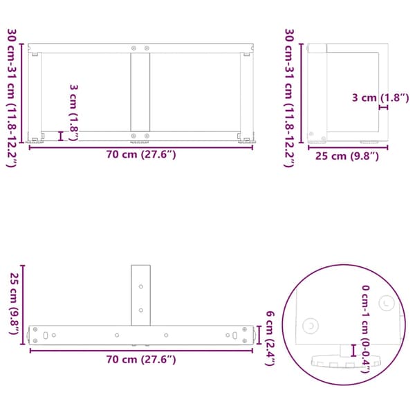 vidaXL Soffbordsben T-formade 2 st vit 70x25x(30-31) cm stål
