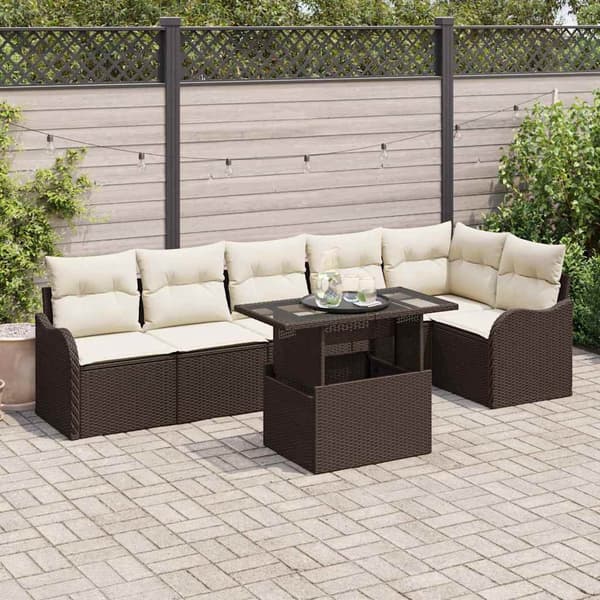 vidaXL Soffset med kudde 7 pcs Brun Poly rattan