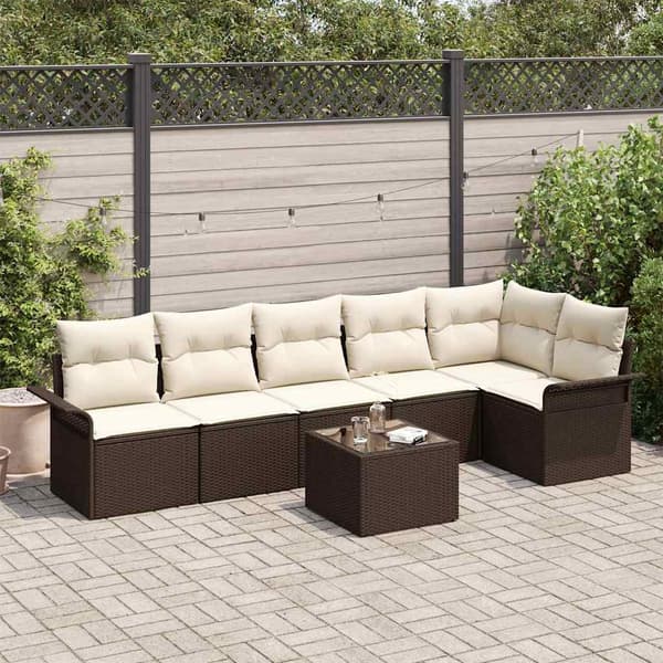 vidaXL Trädgårdsoffset med kudde med lagring 7 pcs Brun Poly rattan