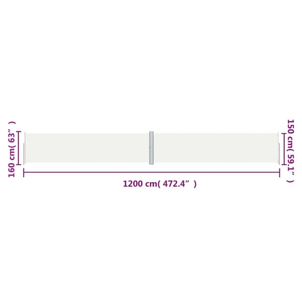 vidaXL Infällbar sidomarkis gräddvit 160x1200 cm