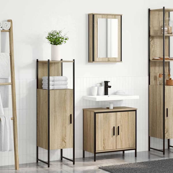 vidaXL Baderomsinnredningssett med hylle 3 pcs Brun Konstruert tre