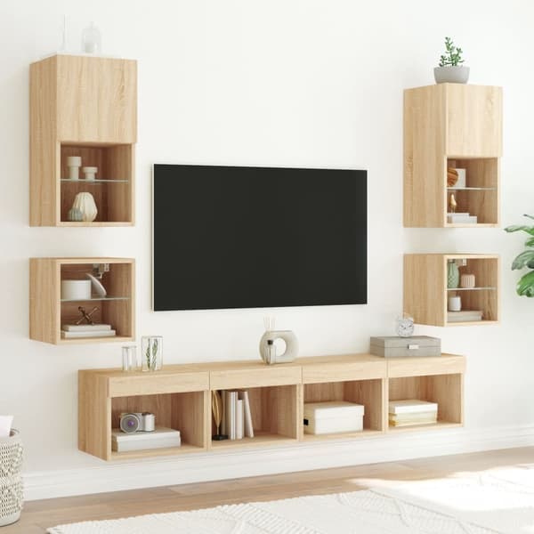 vidaXL Väggmonterade sängbord med LED-lampor 2 st sonoma-ek