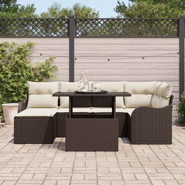 vidaXL Trädgårdsoffset med kudde 7 pcs Brun Poly rattan