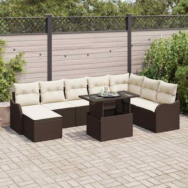 vidaXL Trädgårdsoffset med kudde med lagring 9 pcs Brun Poly rattan