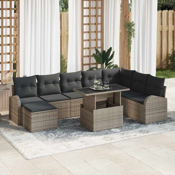 vidaXL Trädgårdsoffset med lagring 9 pcs Grå Poly rattan