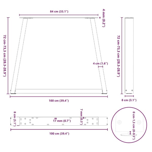 vidaXL Matbordsben V-formade 3 st vit 100x(72-73,3) cm stål