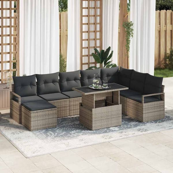 vidaXL Trädgårdsoffset med lagring 9 pcs Grå Poly rattan