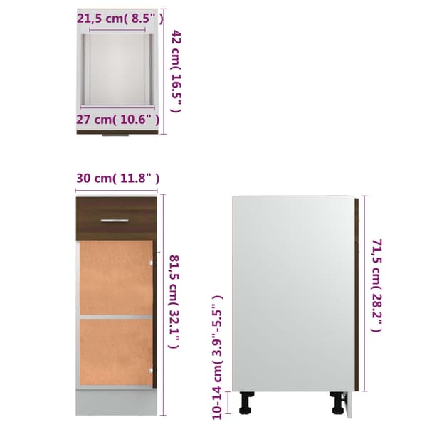 vidaXL Underskap med skuff Lyon brun eik 30x46x81,5 cm konstruert tre