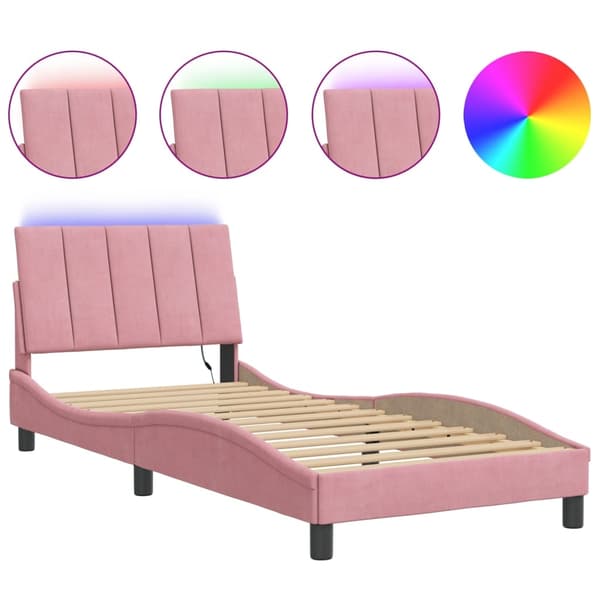 vidaXL Sängram med LED-belysning rosa 90x190 cm sammet