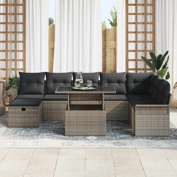 vidaXL Trädgårdsoffset med kudde med lagring 9 pcs Grå Poly rattan