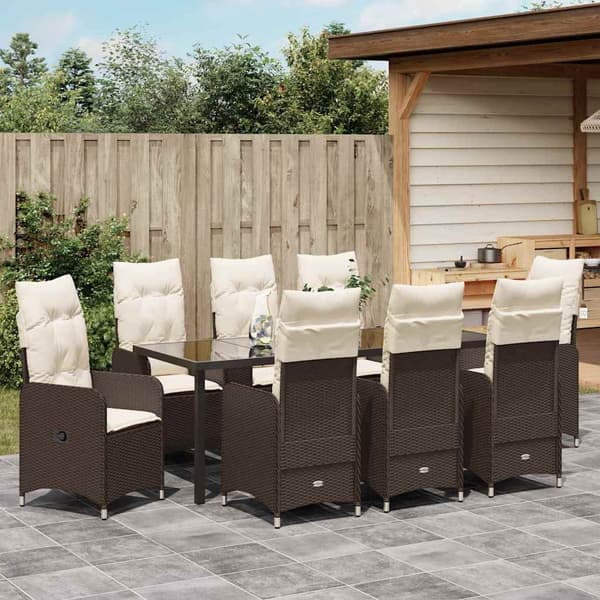 vidaXL Trädgårdsmöbelset med kudde 9 pcs Brun konstrotting