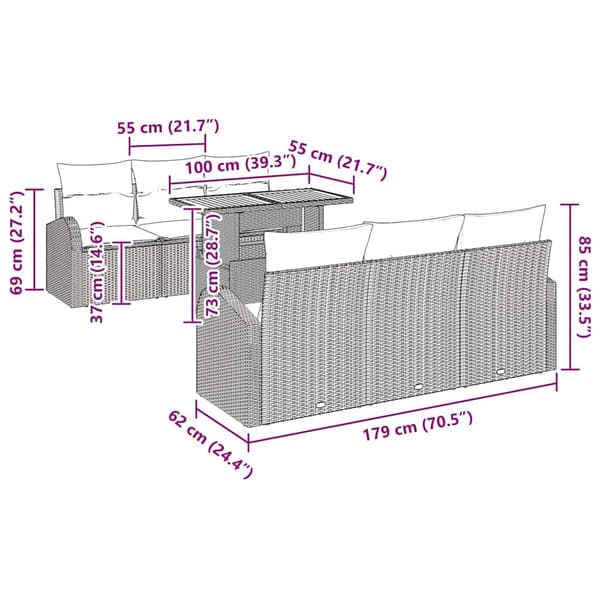 vidaXL Trädgårdssoffa Set med dyna 7 delar Grå 100 x 55 x 73 cm