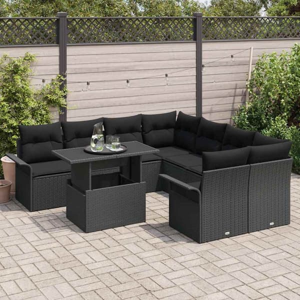 vidaXL Trädgårdsoffset med kudde 9 pcs Svart Poly rattan