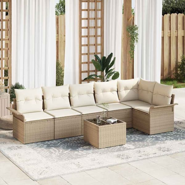 vidaXL Trädgårdsoffset med kudde med lagring 7 pcs Beige Poly rattan