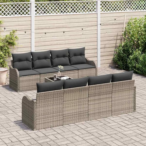 vidaXL Trädgårdsoffset 9 pcs Grå Poly Rattan och Stål och Glas