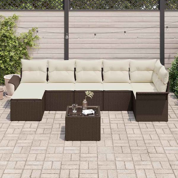 vidaXL Trädgårdsoffset med kudde 8 pcs Brun Poly rattan