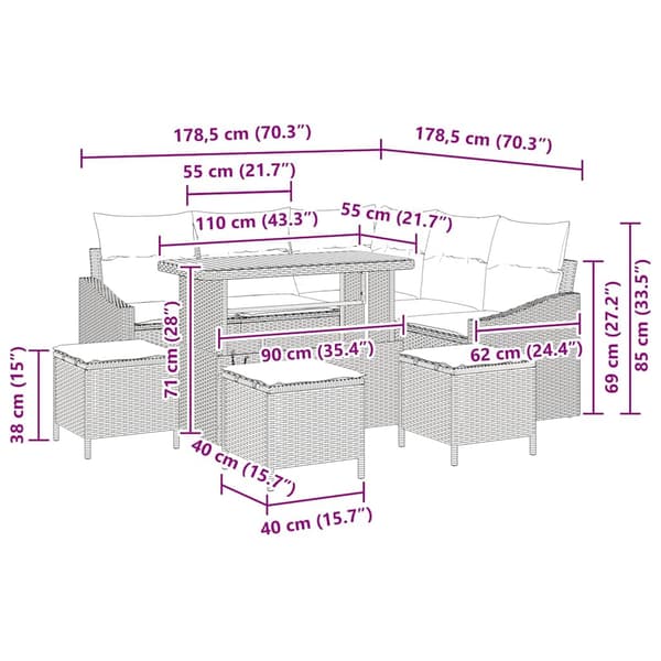 vidaXL Trädgårdsoffset med kudde med lagring 9 pcs Grå Poly rattan