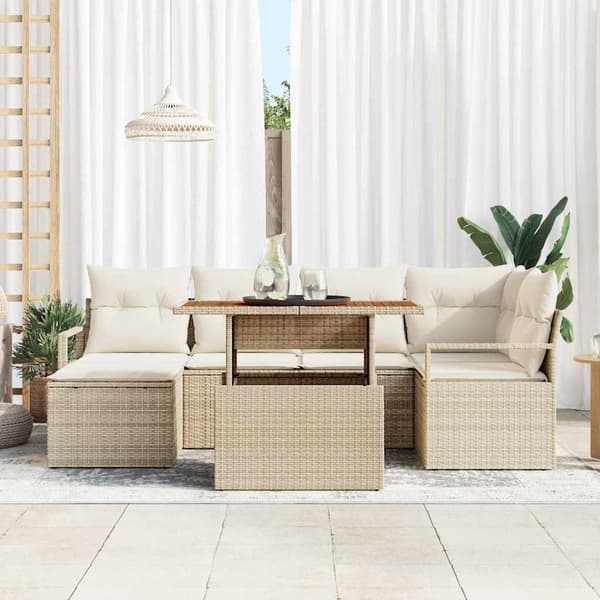 vidaXL Trädgårdsoffset med lagring 7 pcs Beige Poly rattan