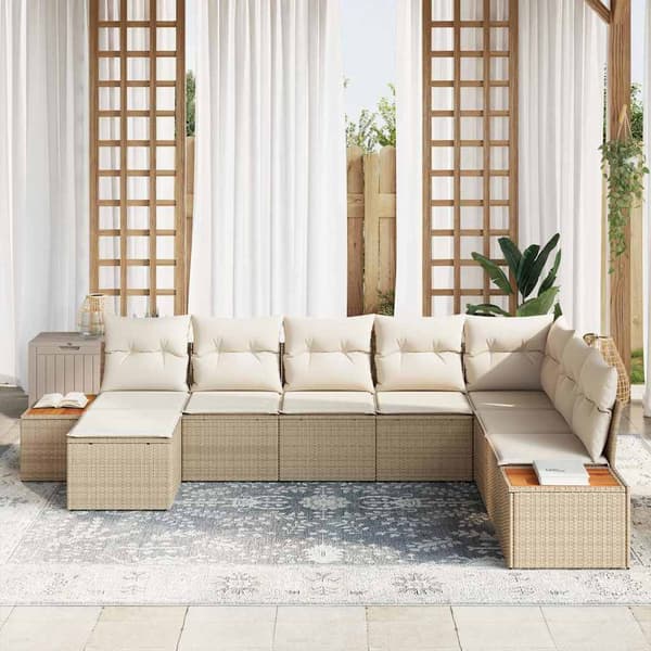 vidaXL Trädgårdsoffset med kudde 8 pcs Beige Poly rattan