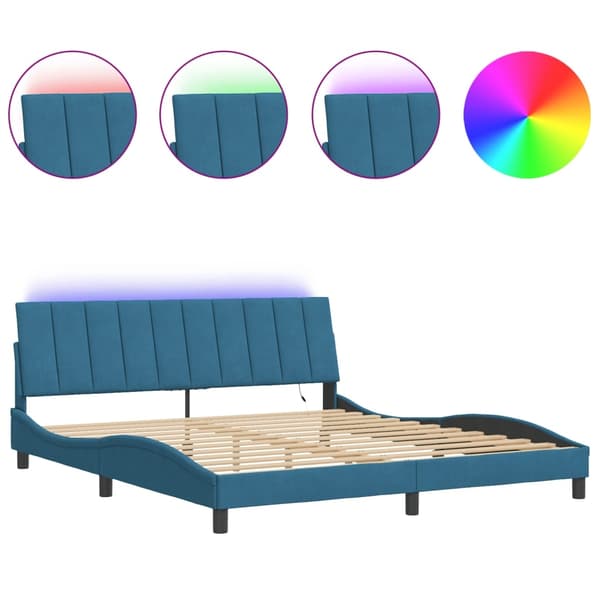 vidaXL Sängram med LED-belysning blå 180x200 cm sammet