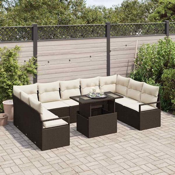 vidaXL Trädgårdsoffset med lagring 10 pcs Brun Poly rattan