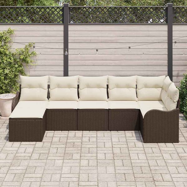 vidaXL Trädgårdsoffset med kudde 7 pcs Brun och vit Poly rattan