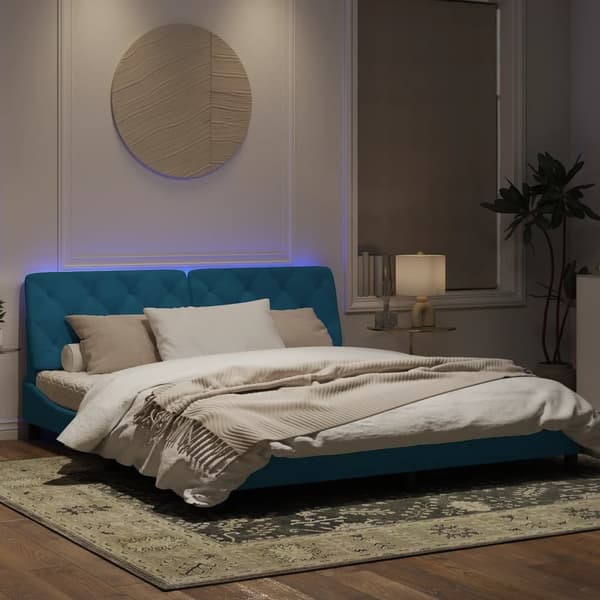 vidaXL Sängram med LED-belysning blå 180x200 cm sammet