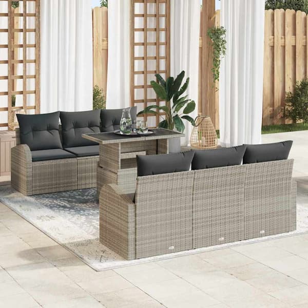 vidaXL Trädgårdsoffset med kudde 7 pcs Ljusgrå Poly rattan