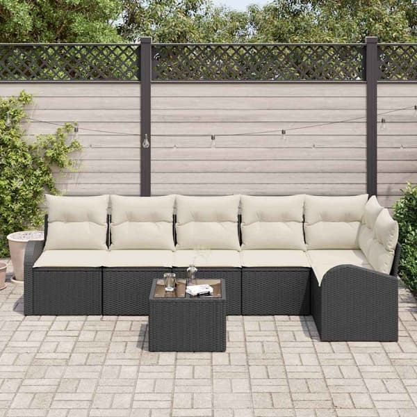 vidaXL Trädgårdsoffset med kudde 7 pcs Svart Poly rattan