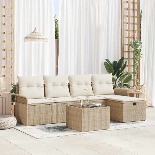 vidaXL Trädgårdsoffset med kudde med lagring 6 pcs Beige Poly rattan