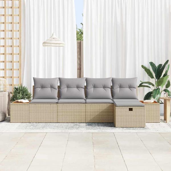 vidaXL Trädgårdsoffset med kudde 5 pcs Beige Poly rattan