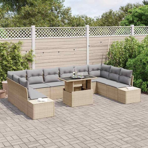 vidaXL Trädgårdsoffset med lagring 11 pcs Beige Poly rattan