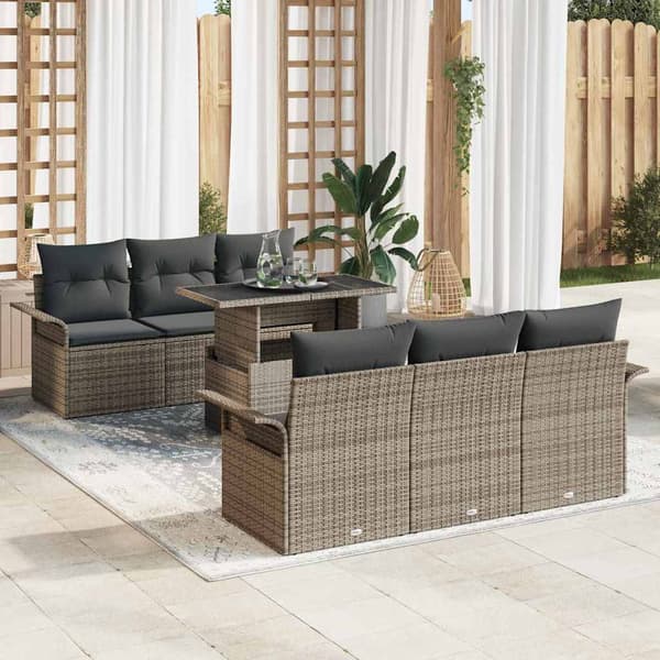 vidaXL Trädgårdsoffset med kudde med lagring 7 pcs Grå Poly Rattan