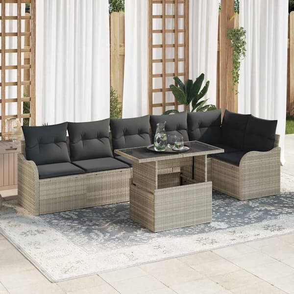 vidaXL Soffset med kudde 7 pcs Ljusgrå Poly rattan