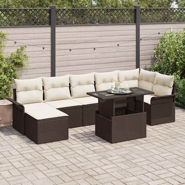 vidaXL Trädgårdsoffset med kudde 8 pcs Brun Poly rattan