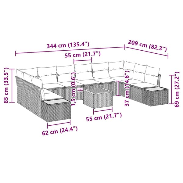 vidaXL Trädgårdsoffset med kudde 11 pcs Beige Poly rattan