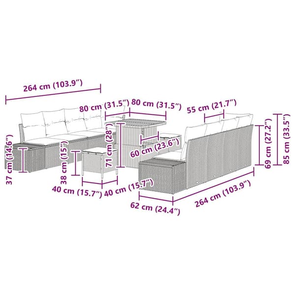 vidaXL Trädgårdsoffset med kudde 11 pcs Beige konstrotting