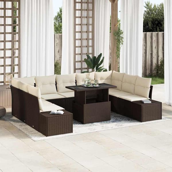 vidaXL Trädgårdsoffset med lagring 10 pcs Brun Poly rattan