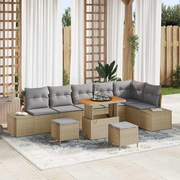 vidaXL Trädgårdsoffset med kudde 9 pcs Beige konstrotting