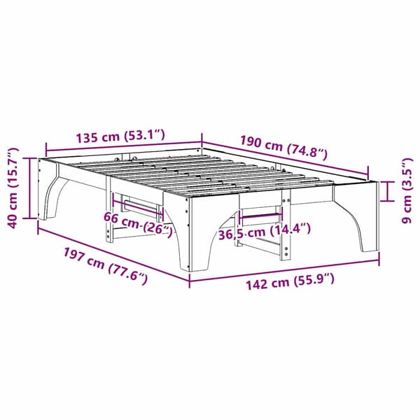 vidaXL Sängram Vit 135 x 190 cm Massiv furu